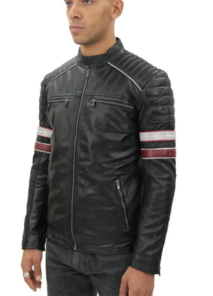 Mens Black and Red Quilted Leather Racing Jacket