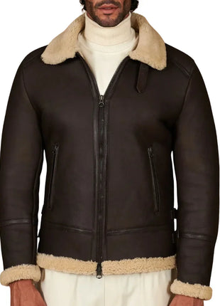 Men's Dark Brown Shirt Collar Shearling Lamb Biker Jacket