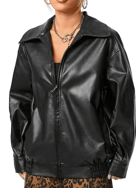 Women's Oversized Black Leather Motorcycle Jacket