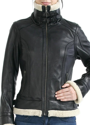 Women’s Black Leather Aviator Jacket with Sherpa Collar