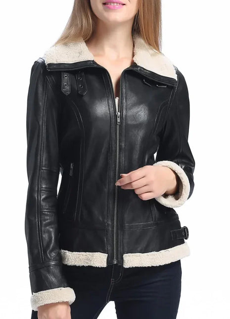 Women’s Black Leather Aviator Jacket with Sherpa Collar
