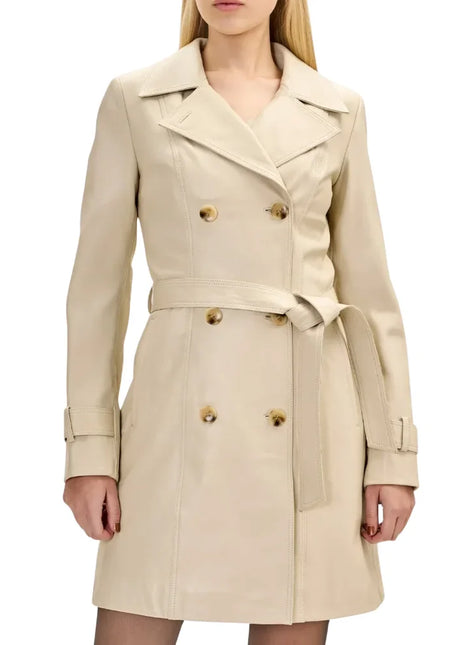 Women's Double Breasted Beige Lambskin Leather Trench Coat