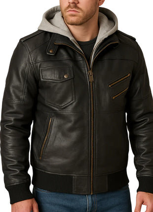 Mens Black Leather Bomber Jacket With Removable Hood