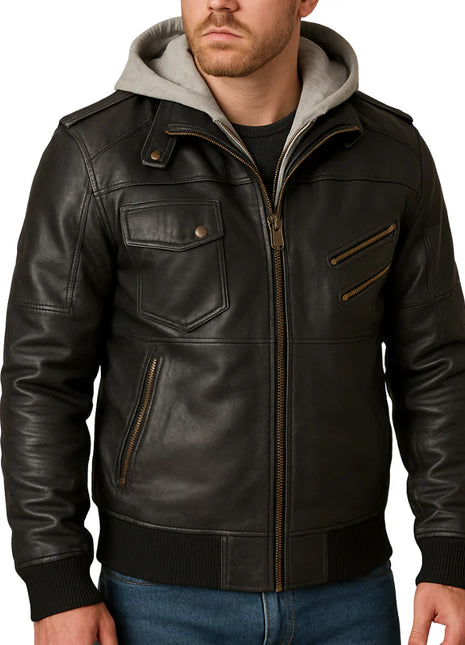 Mens Black Leather Bomber Jacket With Removable Hood