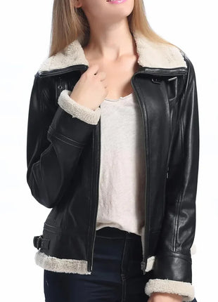 Women’s Black Leather Aviator Jacket with Sherpa Collar