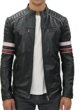Mens Black and Red Quilted Leather Racing Jacket