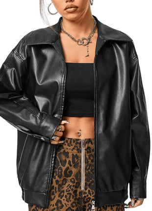 Women's Oversized Black Leather Motorcycle Jacket