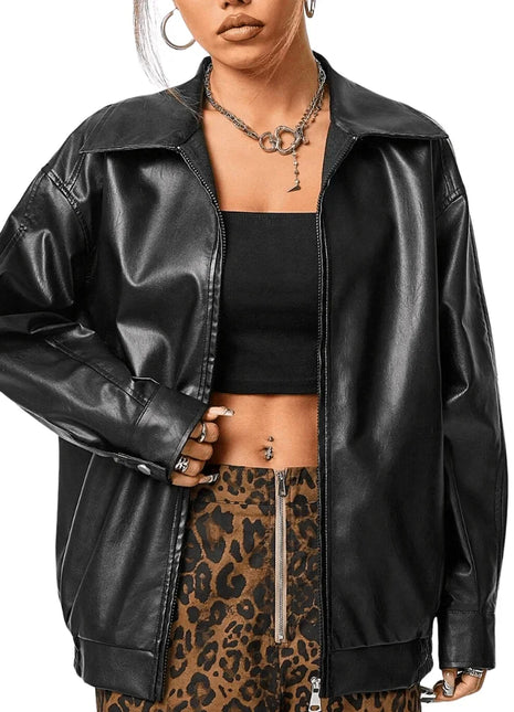 Women's Oversized Black Leather Motorcycle Jacket