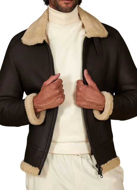 Men's Dark Brown Shirt Collar Shearling Lamb Biker Jacket
