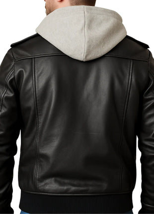 Mens Black Leather Bomber Jacket With Removable Hood