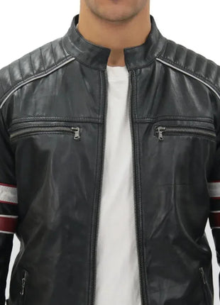 Mens Black and Red Quilted Leather Racing Jacket