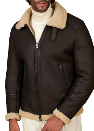 Men's Dark Brown Shirt Collar Shearling Lamb Biker Jacket