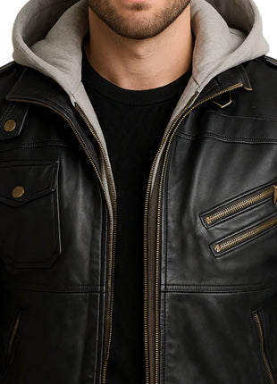 Mens Black Leather Bomber Jacket With Removable Hood