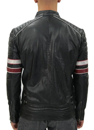 Mens Black and Red Quilted Leather Racing Jacket