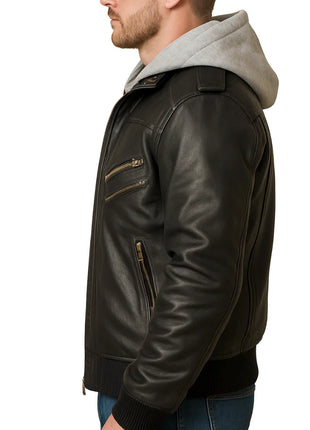 Mens Black Leather Bomber Jacket With Removable Hood