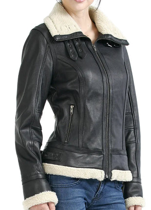 Women’s Black Leather Aviator Jacket with Sherpa Collar