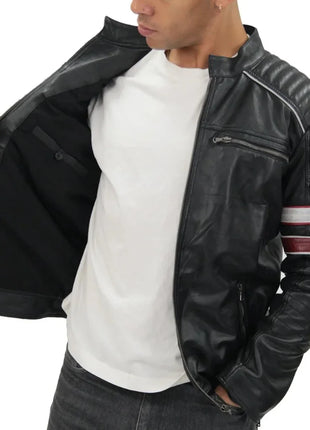 Mens Black and Red Quilted Leather Racing Jacket