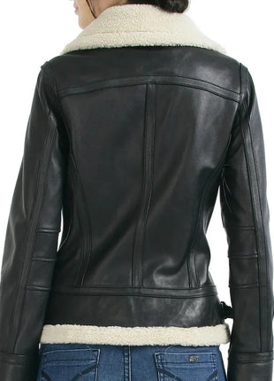 Women’s Black Leather Aviator Jacket with Sherpa Collar