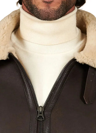 Men's Dark Brown Shirt Collar Shearling Lamb Biker Jacket