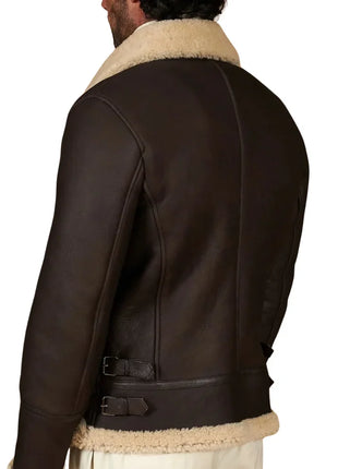 Men's Dark Brown Shirt Collar Shearling Lamb Biker Jacket