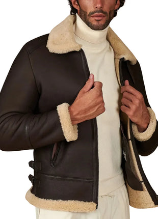 Men's Dark Brown Shirt Collar Shearling Lamb Biker Jacket