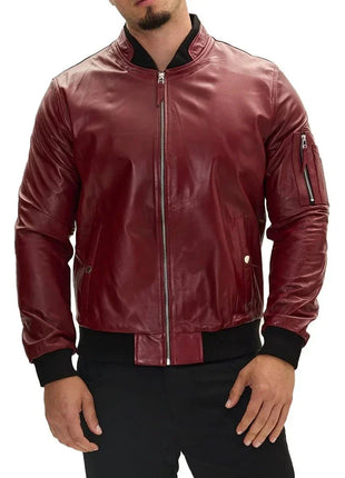Bomber Red Leather Jacket Mens