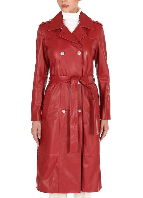 Womens Double Breasted Red Long Leather Coat