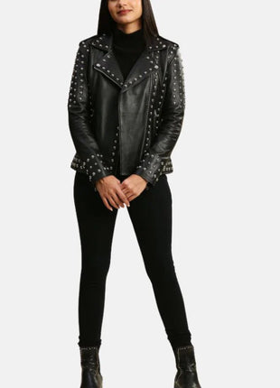 Womens Studded Motorcycle Black Punk Leather Jacket