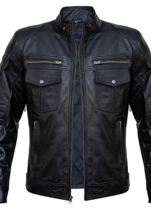 Mens Slim Fit Double Pockets Real Black Leather Biker Jacket