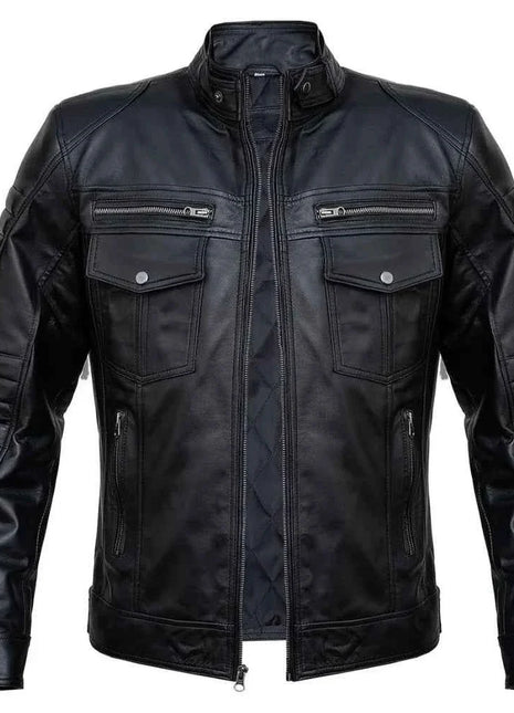 Mens Slim Fit Double Pockets Real Black Leather Biker Jacket