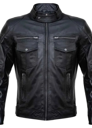 Mens Slim Fit Double Pockets Real Black Leather Biker Jacket