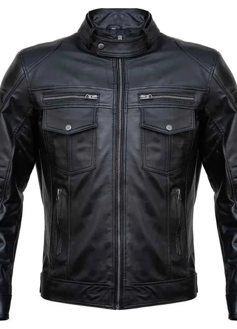 Mens Slim Fit Double Pockets Real Black Leather Biker Jacket