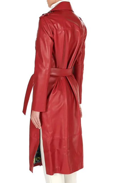 Womens Double Breasted Red Long Leather Coat