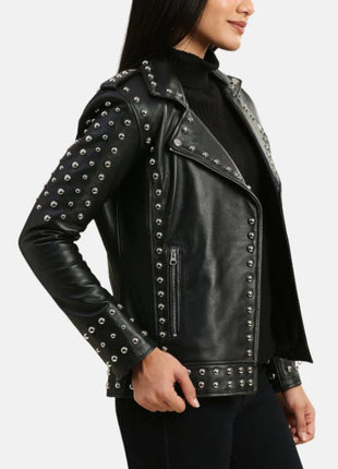 Womens Studded Motorcycle Black Punk Leather Jacket