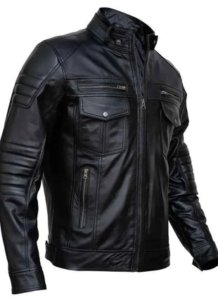 Mens Slim Fit Double Pockets Real Black Leather Biker Jacket