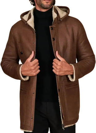 Men’s Tan Shearling Lambskin Leather Coat with Detachable Parka Hood
