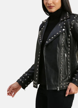 Womens Studded Motorcycle Black Punk Leather Jacket