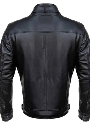 Mens Slim Fit Double Pockets Real Black Leather Biker Jacket