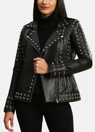 Womens Studded Motorcycle Black Punk Leather Jacket