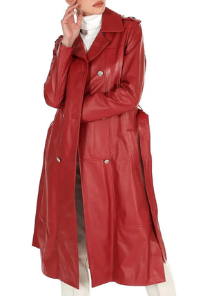 Womens Double Breasted Red Long Leather Coat