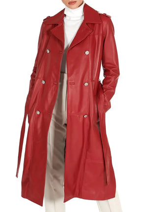 Womens Double Breasted Red Long Leather Coat