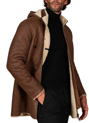 Men’s Tan Shearling Lambskin Leather Coat with Detachable Parka Hood