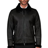 Men's Black Shirt Collar Shearling Lambskin Biker Jacket