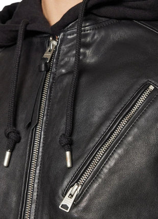 Men's Black Hooded Leather Bomber Jacket