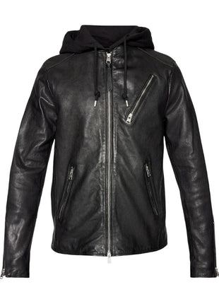 Men's Black Hooded Leather Bomber Jacket