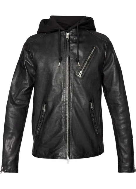Men's Black Hooded Leather Bomber Jacket