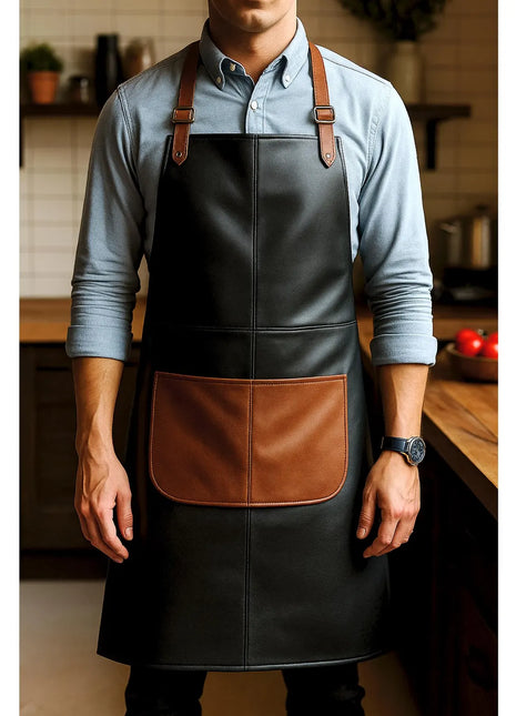 Handmade Leather Workshop Apron: Heavy Duty Black & Brown with Pockets