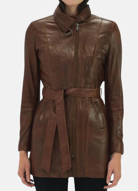 Women's 3/4 Length Belted Leather Brown Trench Coat