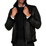 Men's Black Shirt Collar Shearling Lambskin Biker Jacket