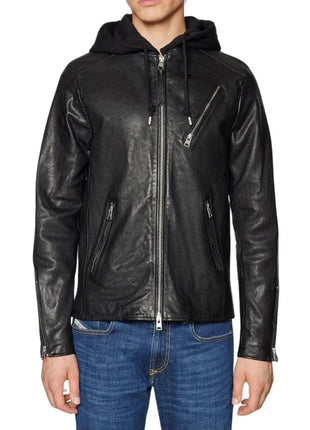 Men's Black Hooded Leather Bomber Jacket